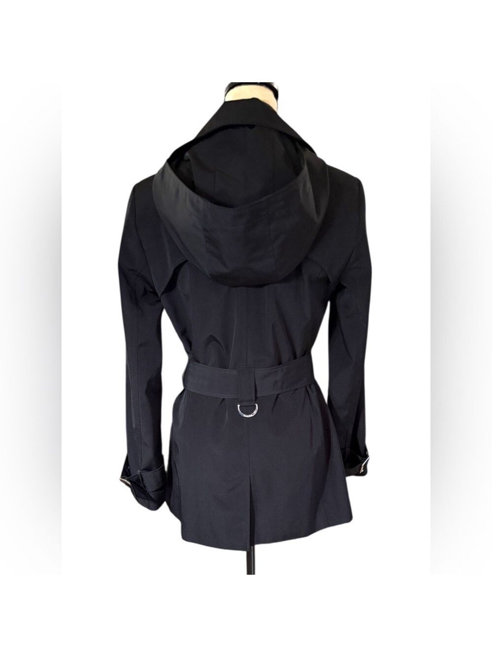 Calvin Klein-Classy black trench coat. Size small. Silver details/Hood. Like new - Picture 10 of 16